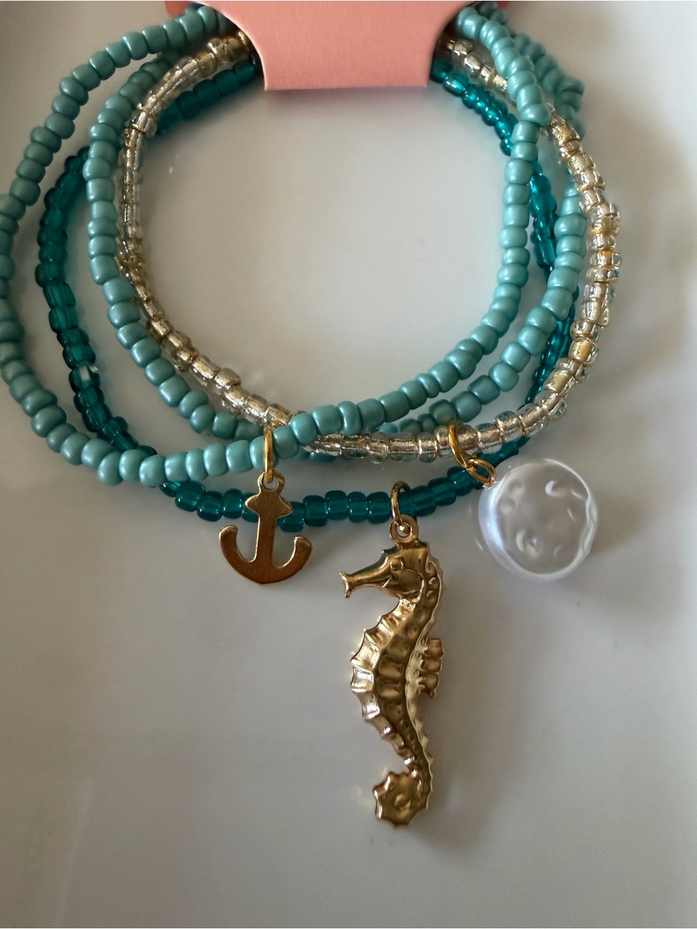 Sea Breeze Turquoise Beaded Charm Bracelet with Gold Seahorse - HANDMADE SET